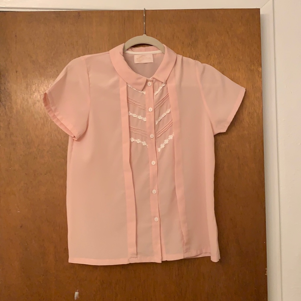 Kawaii Light Pink Button Up with embroidery S